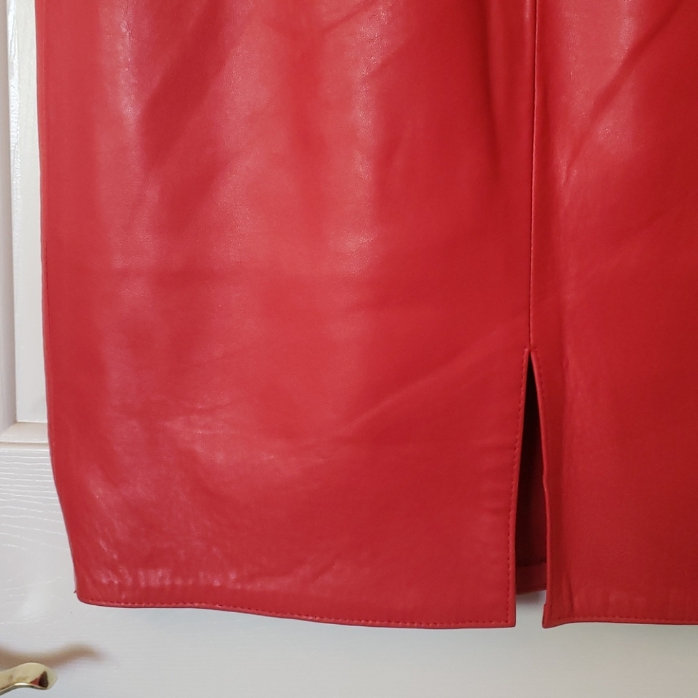 Vintage 80s Lanna Red Leather Pencil Skirt High Waisted Asymmetric Size 10 Small - Picture 10 of 14